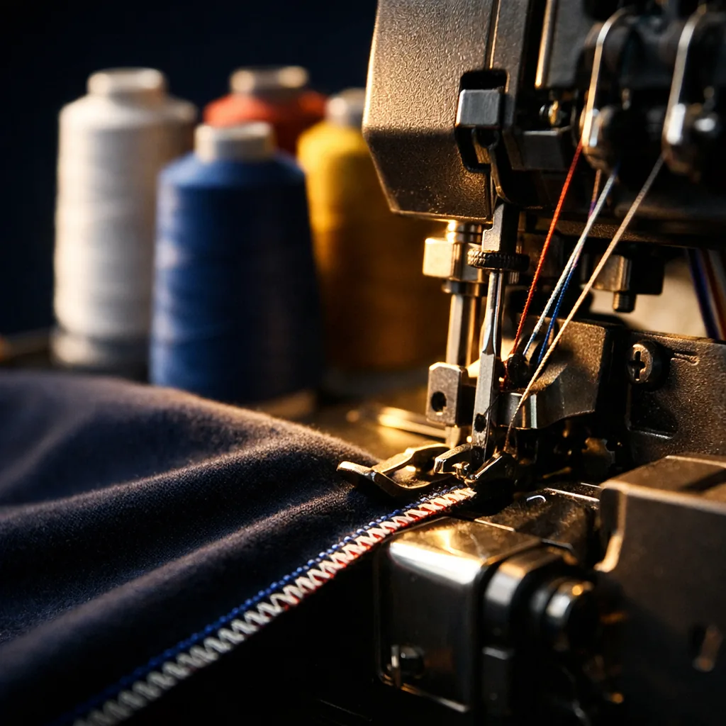 A four-thread serger finishing the edge of knit fabric