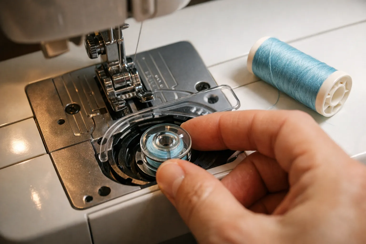 A clear bobbin being dropped into a top-loading bobbin case