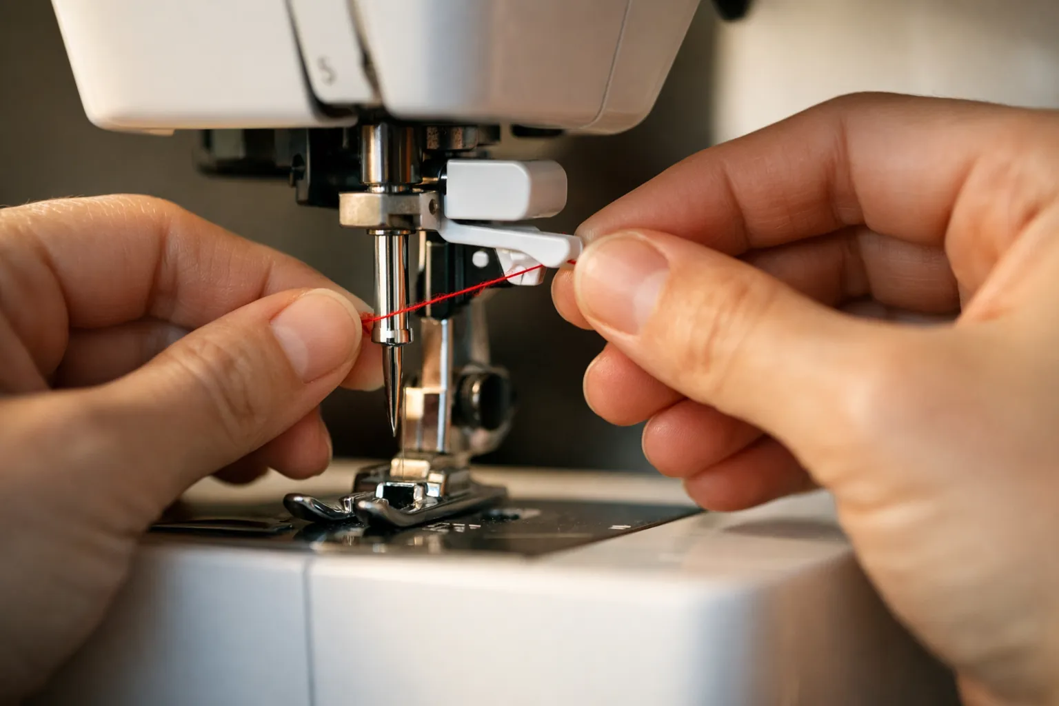 Hands using a built-in needle threader on a sewing machine