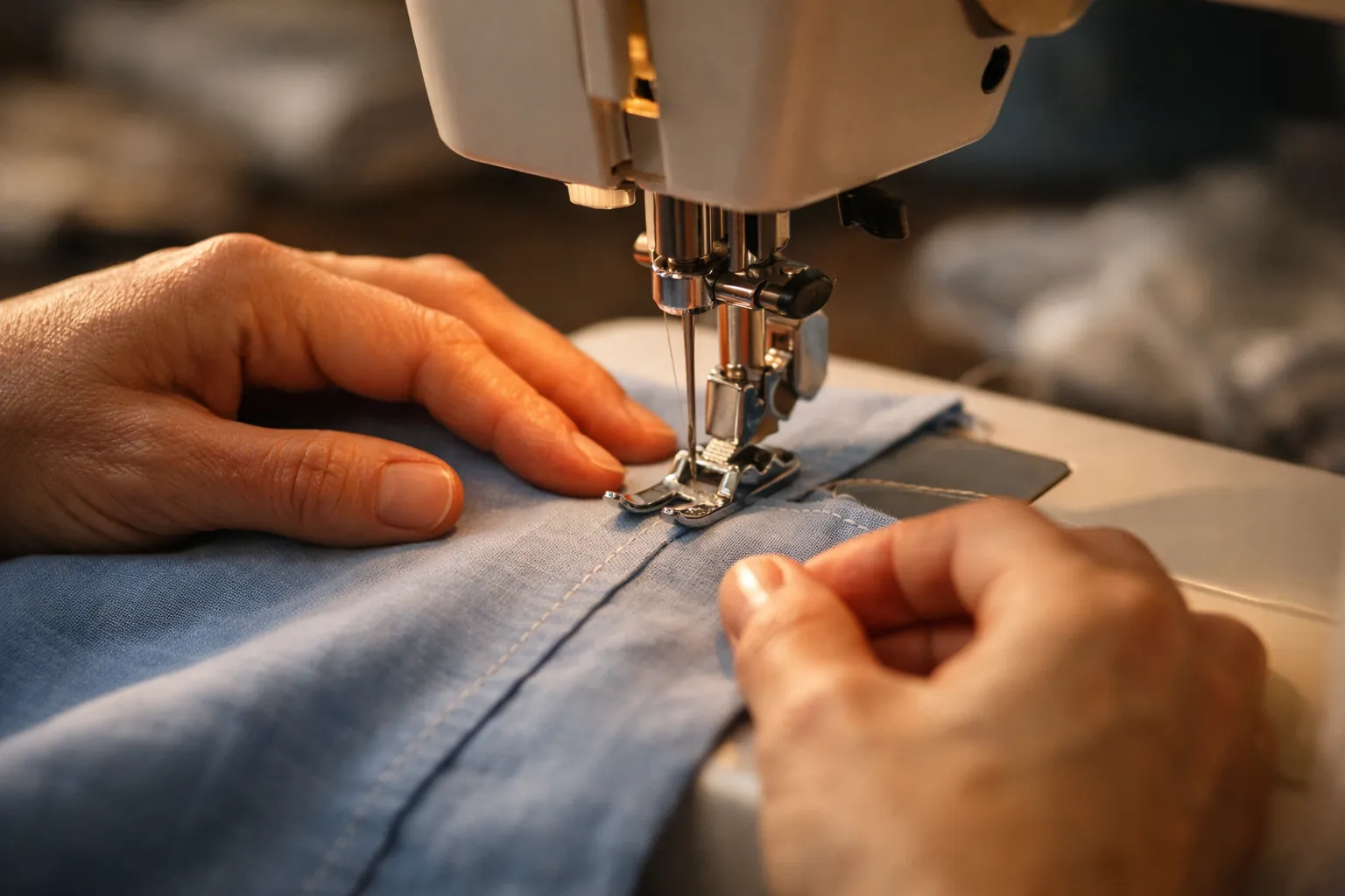 Hands guiding fabric under a presser foot