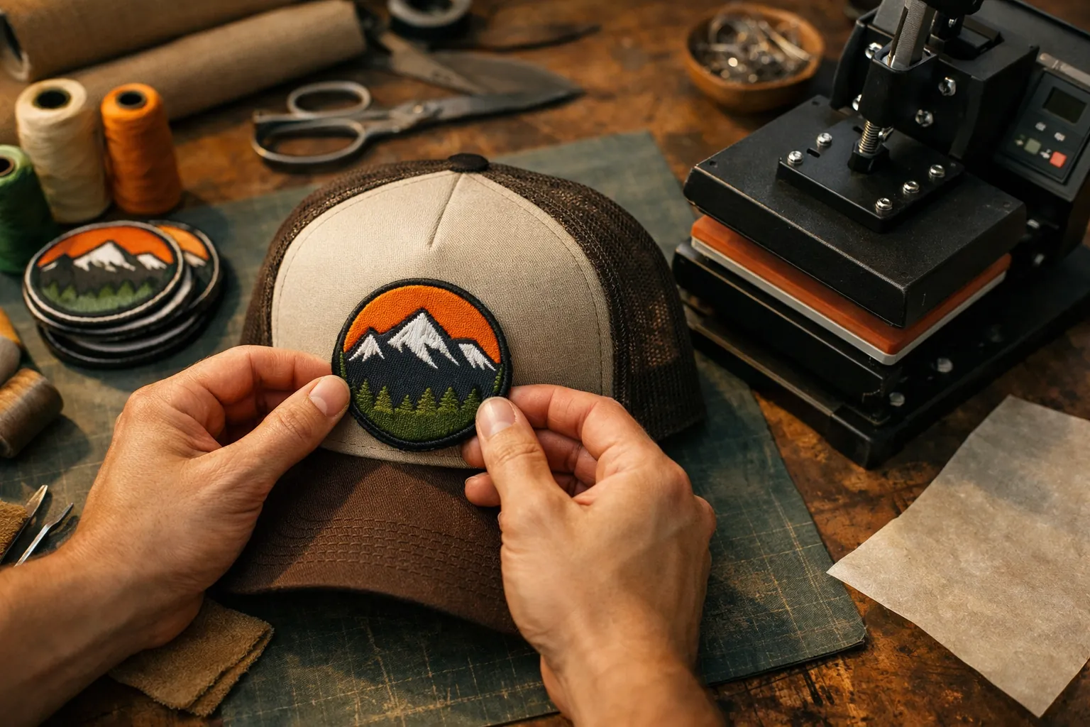 An embroidered patch being placed on a trucker hat