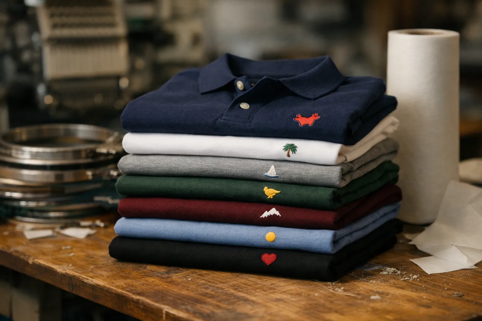 Folded polos and T-shirts with small embroidered emblems