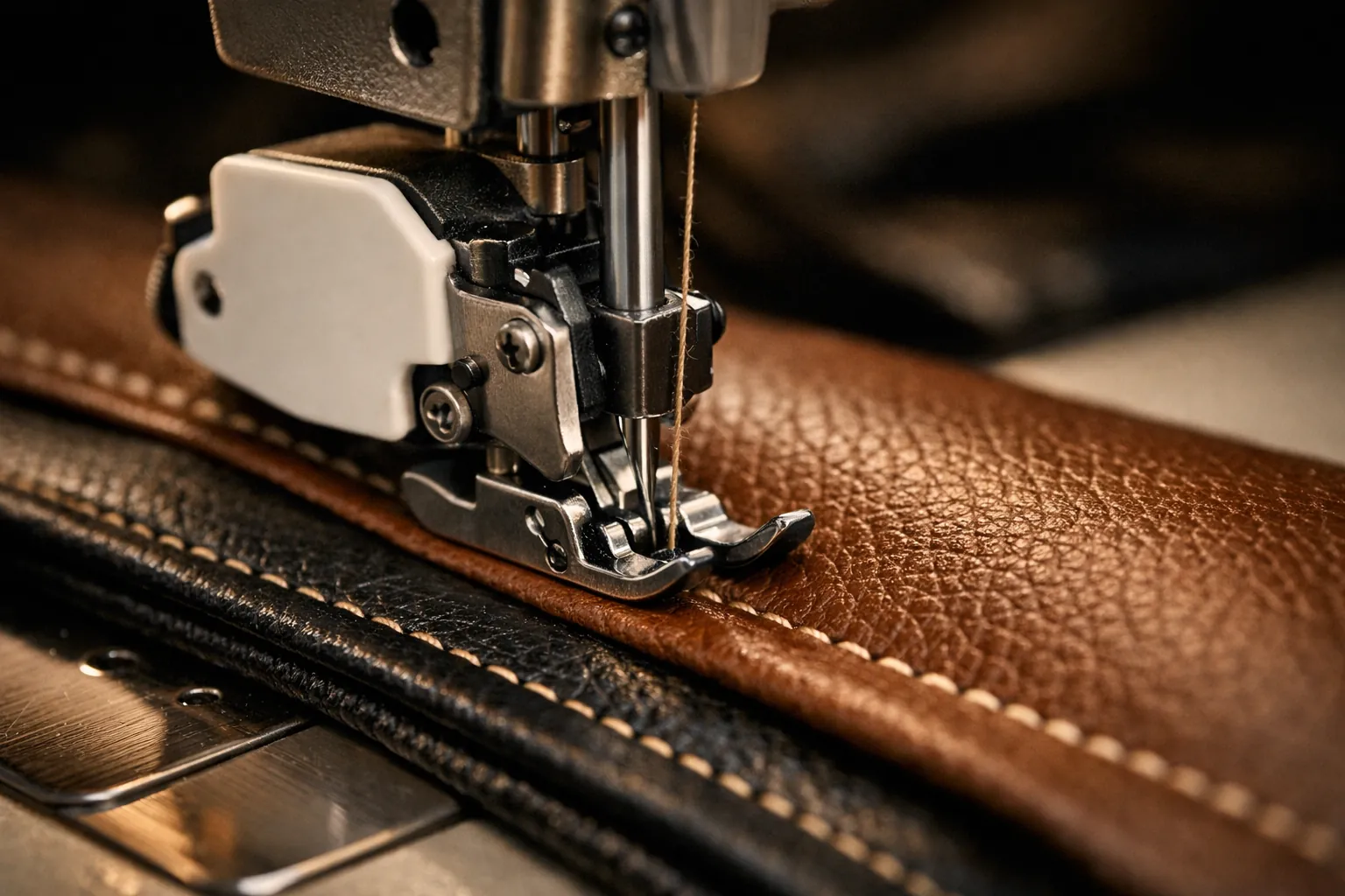 A walking foot stitching through faux leather