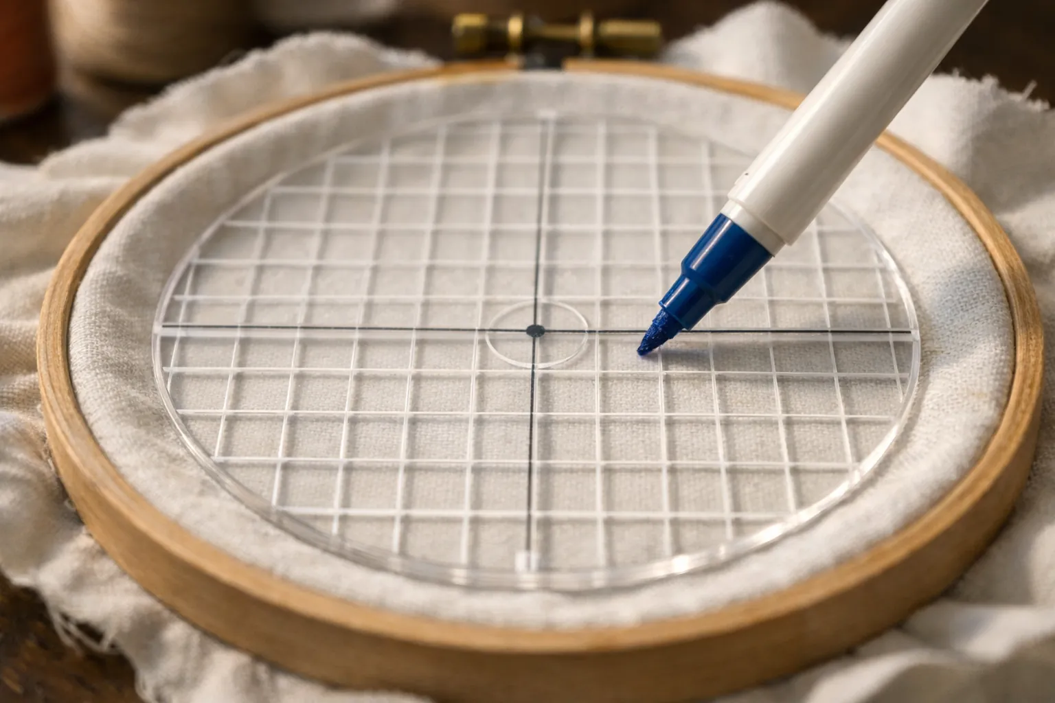 A grid template inside a hooped piece of fabric