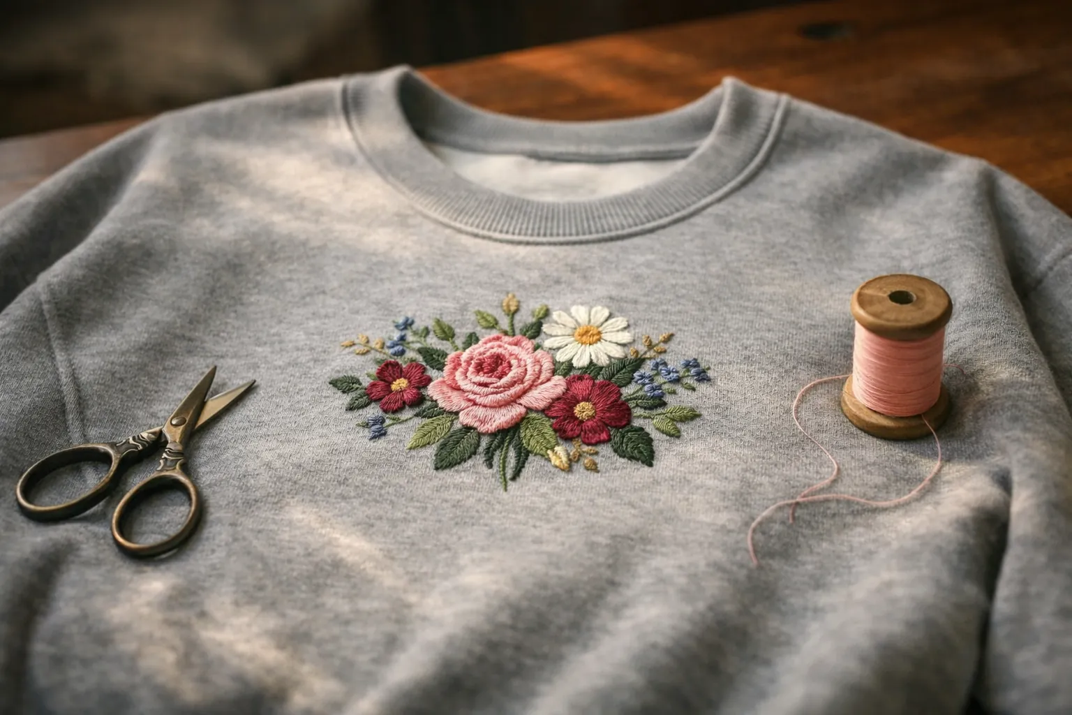 A sweatshirt with a mid-size embroidered floral design on the chest