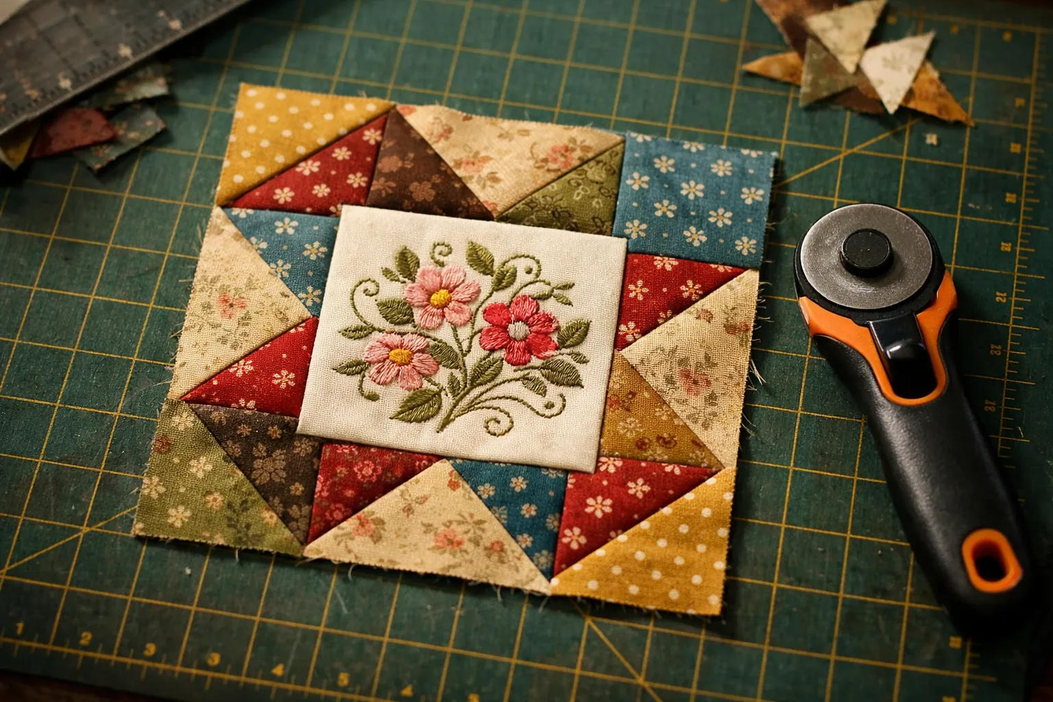 A quilt block with an embroidered floral motif