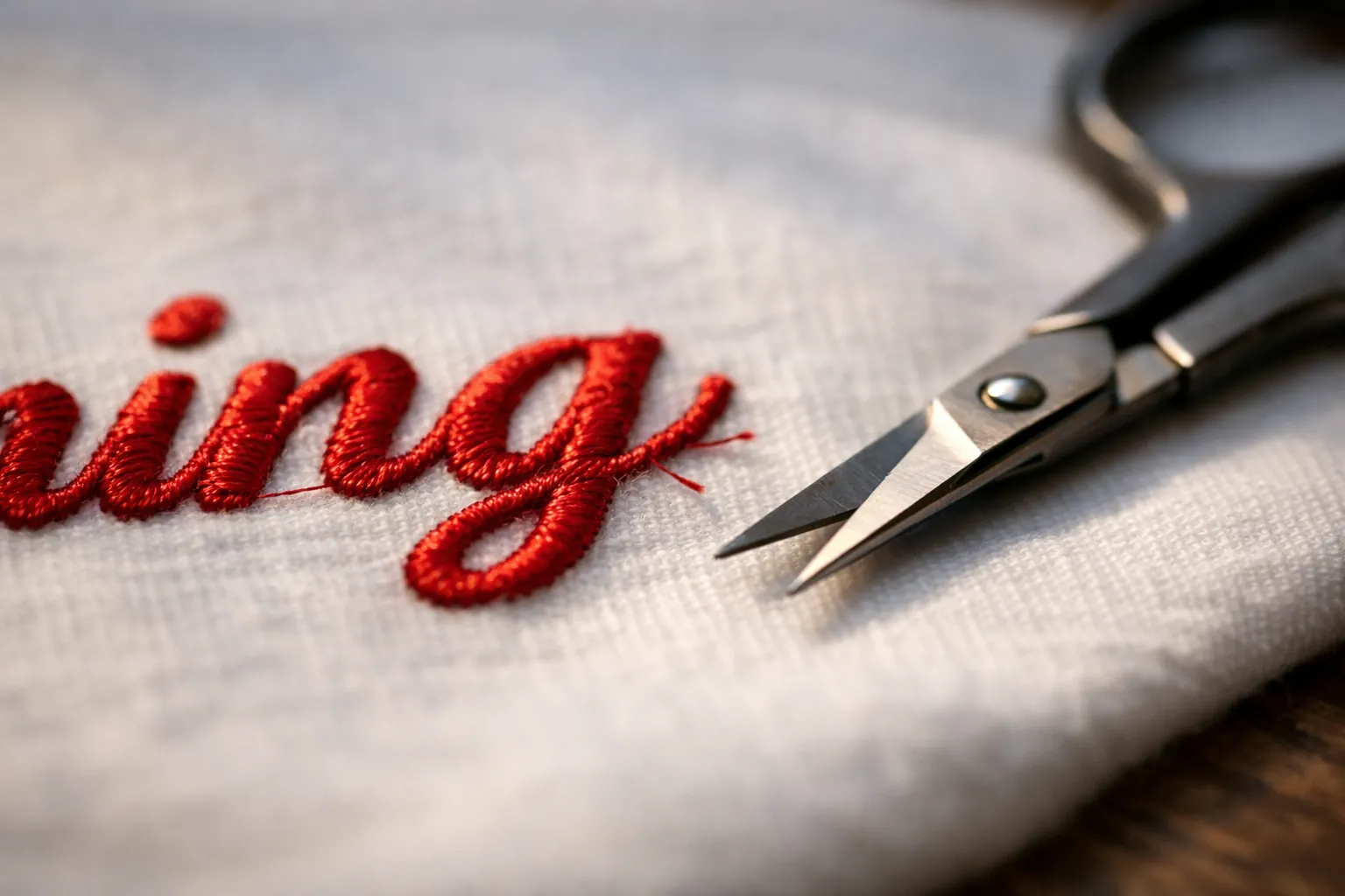 Embroidered lettering with trimmed connecting threads