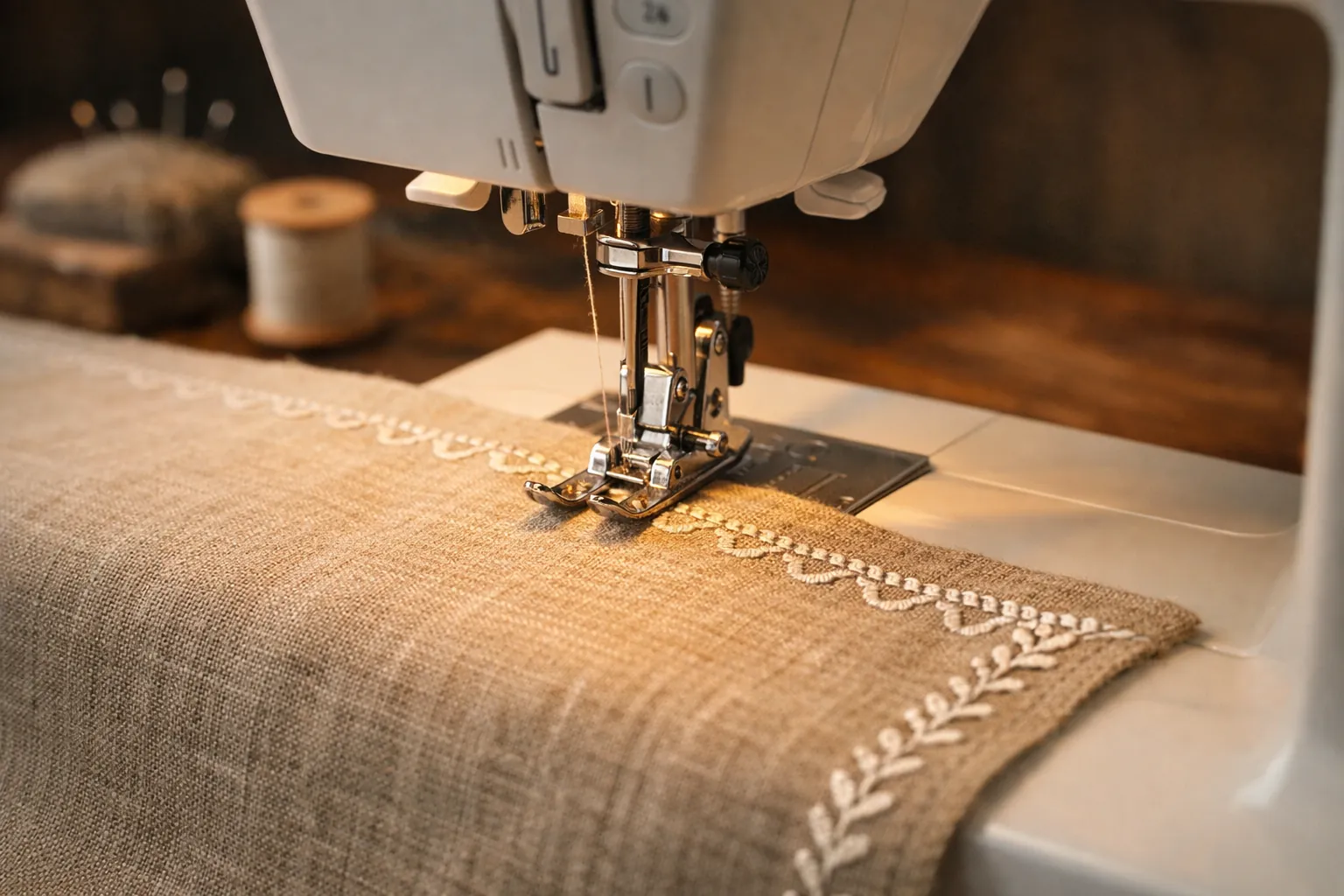 A computerized sewing machine sewing a decorative border