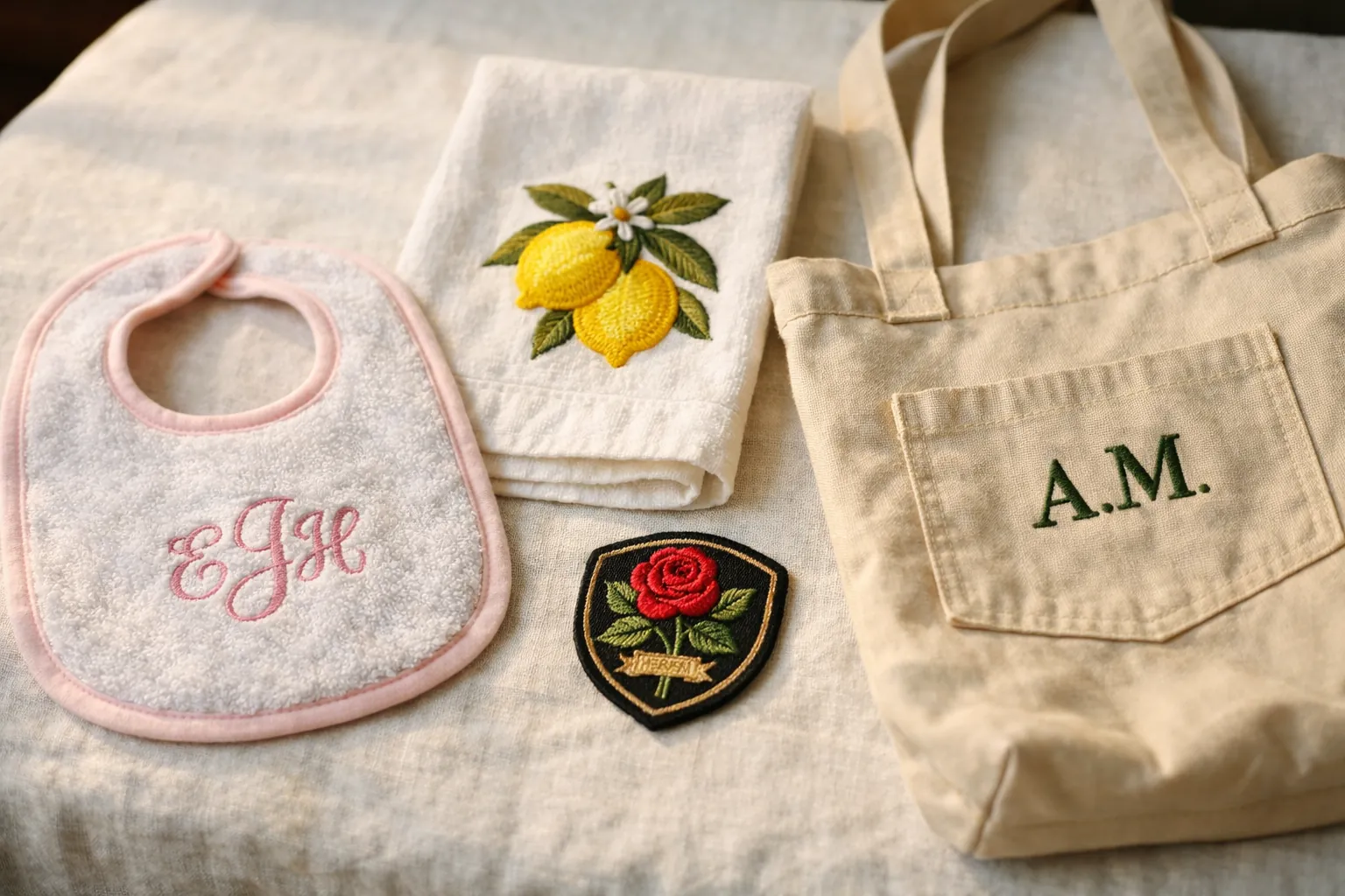 Small embroidered projects including a bib, towel, patch and tote pocket
