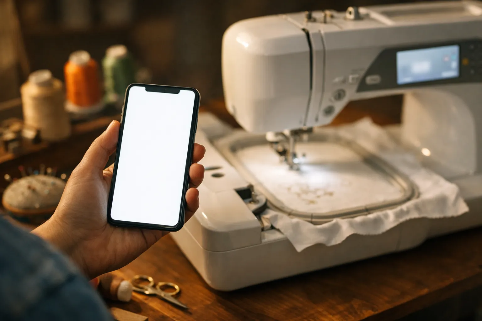 A crafter holding a phone next to a home embroidery machine