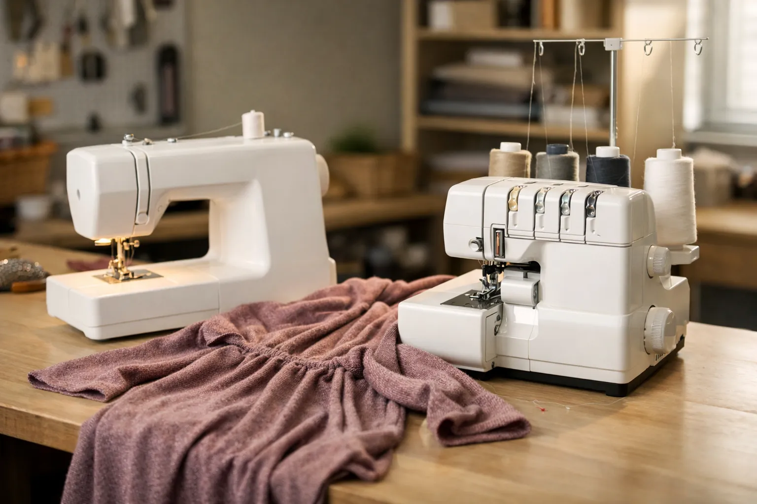 A sewing machine and a serger side by side on a sewing table with a knit garment in progress