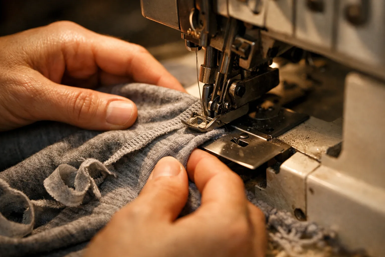 A knit T-shirt seam being sewn on a serger