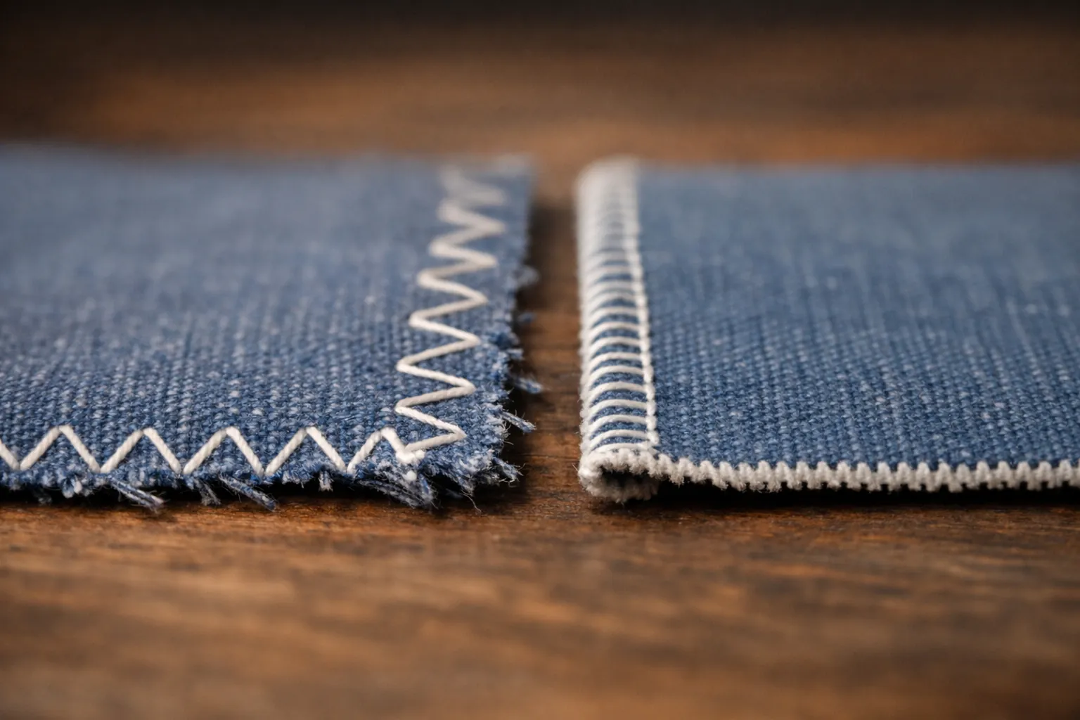A zigzag-finished edge next to a serged edge