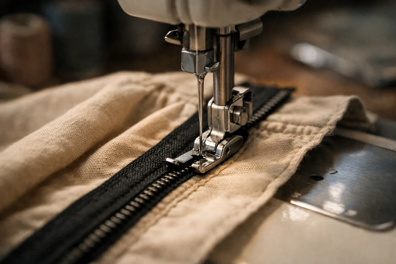 A sewing machine sewing a zipper into a skirt