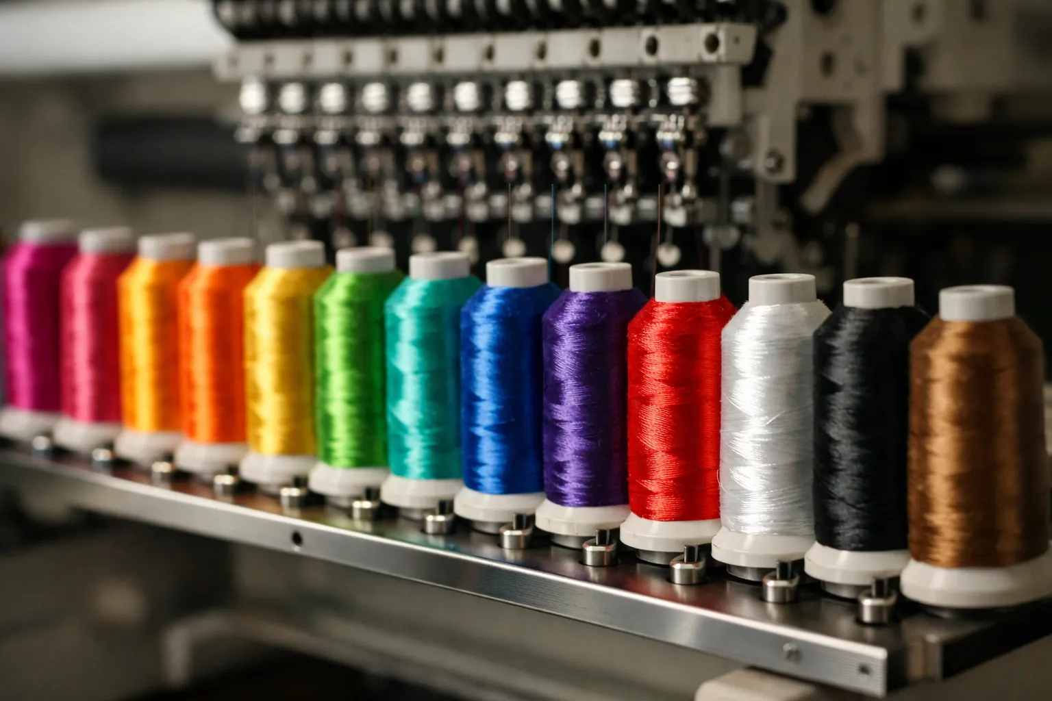 A row of embroidery thread cones on a multi-needle machine