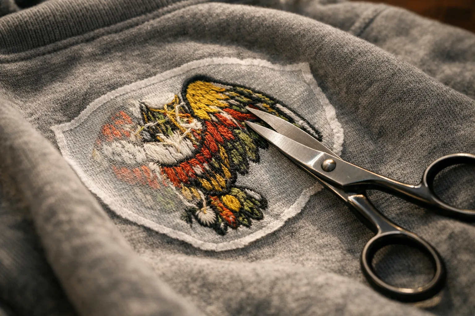 Cut-away stabilizer trimmed around the back of an embroidered sweatshirt
